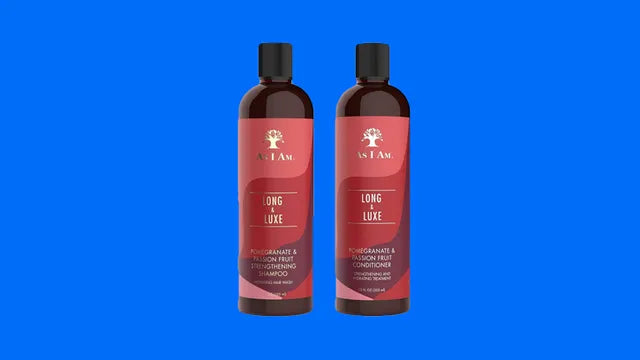 Two bottles of 'Long & Luxe' shampoo and conditioner on a blue background