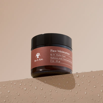 As I Am Face Moisturizer jar on water drop surface