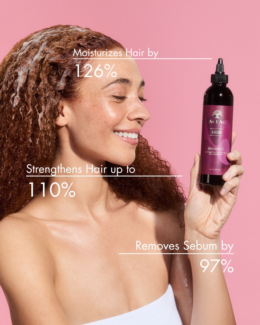 As I Am Onion Shampoo with benefits and statistic percentages