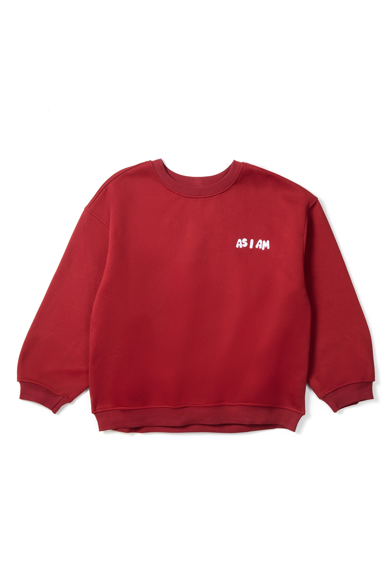 Red sweatshirt with white "AS I AM" logo on a white background aerial view