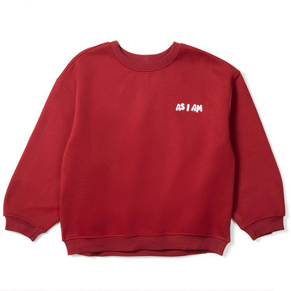 Gif of red sweatshirt with "AS I AM" logo on a white background