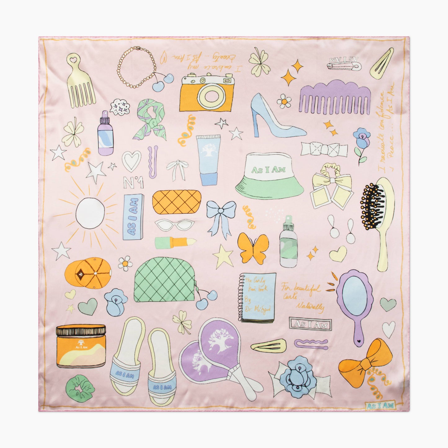 Decorative scarf with colorful illustrations of beauty products and accessories on a pink background