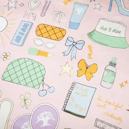 Colorful pattern of various items including a hat, sunglasses, and a notebook on a pink background.