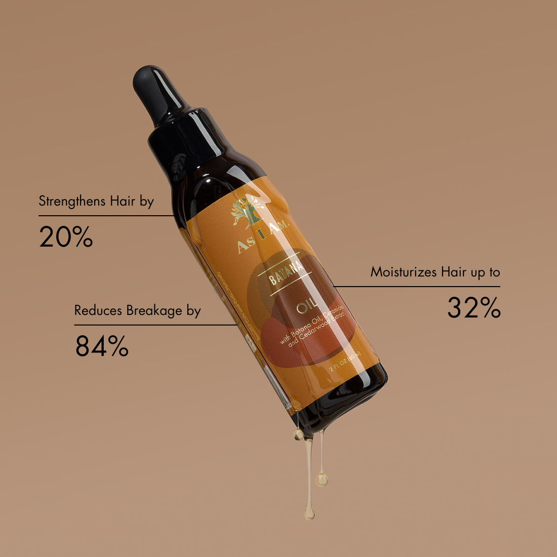 Hair oil dropper bottle with text on a brown background