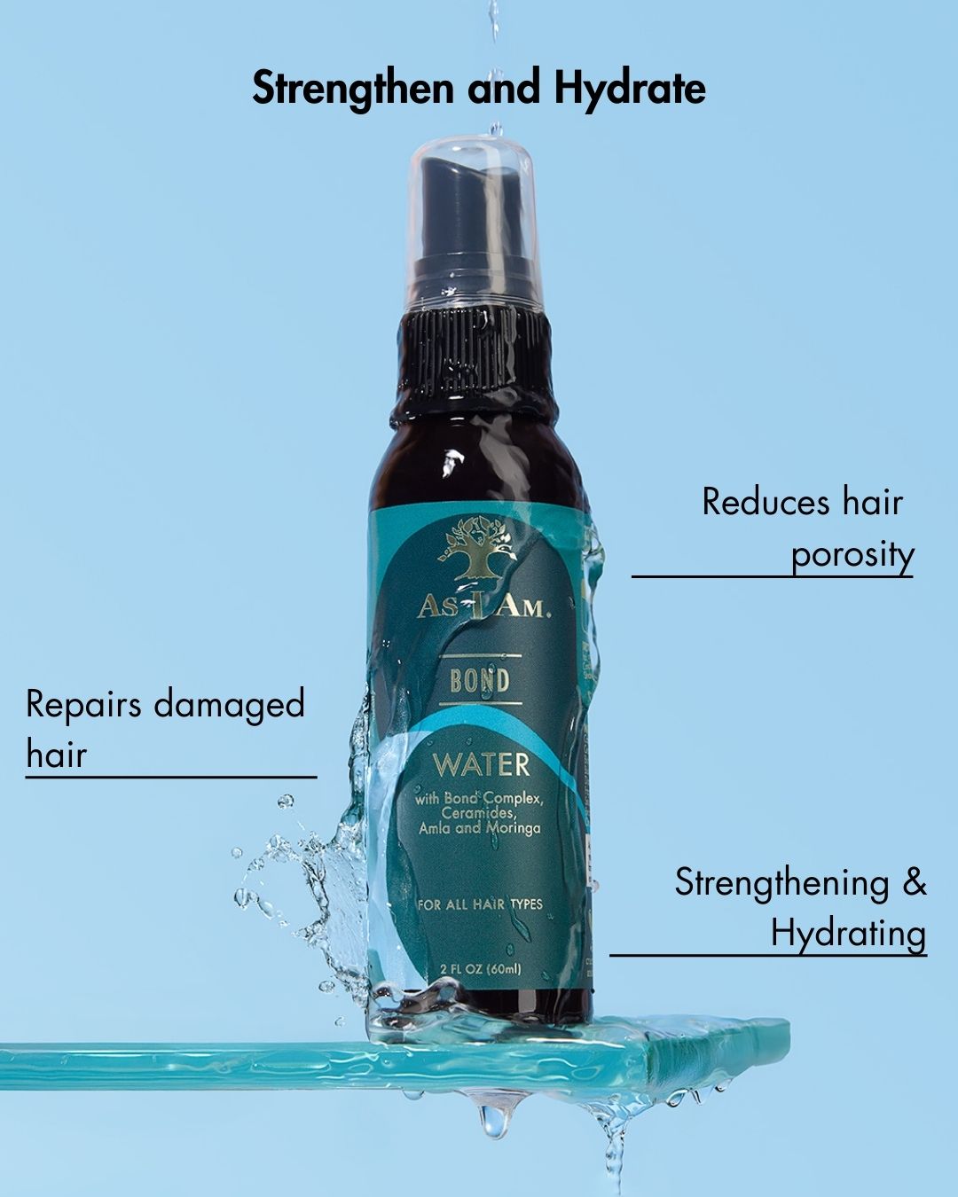 Botella de As I Am Bond Water con texto sobre fondo azul.
