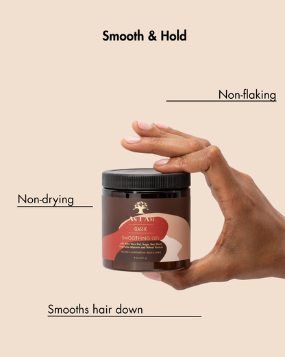 Hand holding a jar of hair product with text highlighting features on a beige background
