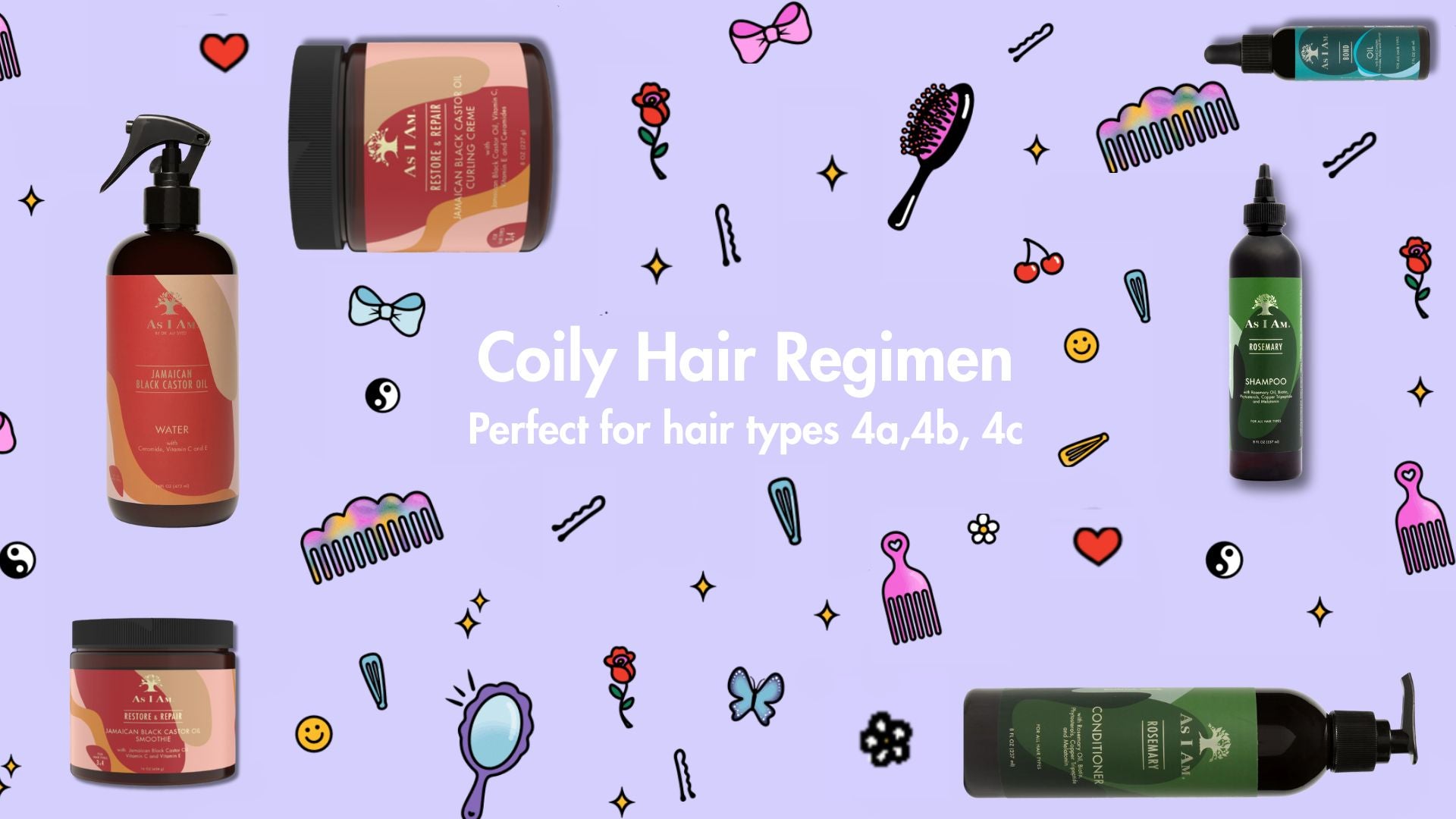 Hair care products with illustrations on a purple background, promoting a coily hair regimen.