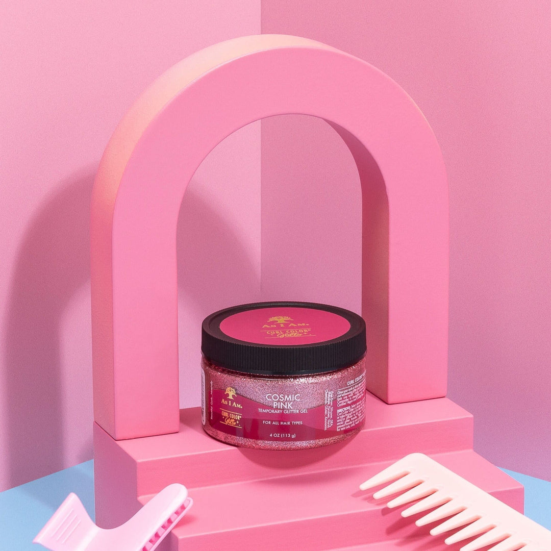 As I Am Curl Color Glitter Collection, featuring vibrant, temporary hair colors with a shimmering finish designed for curls and coils.