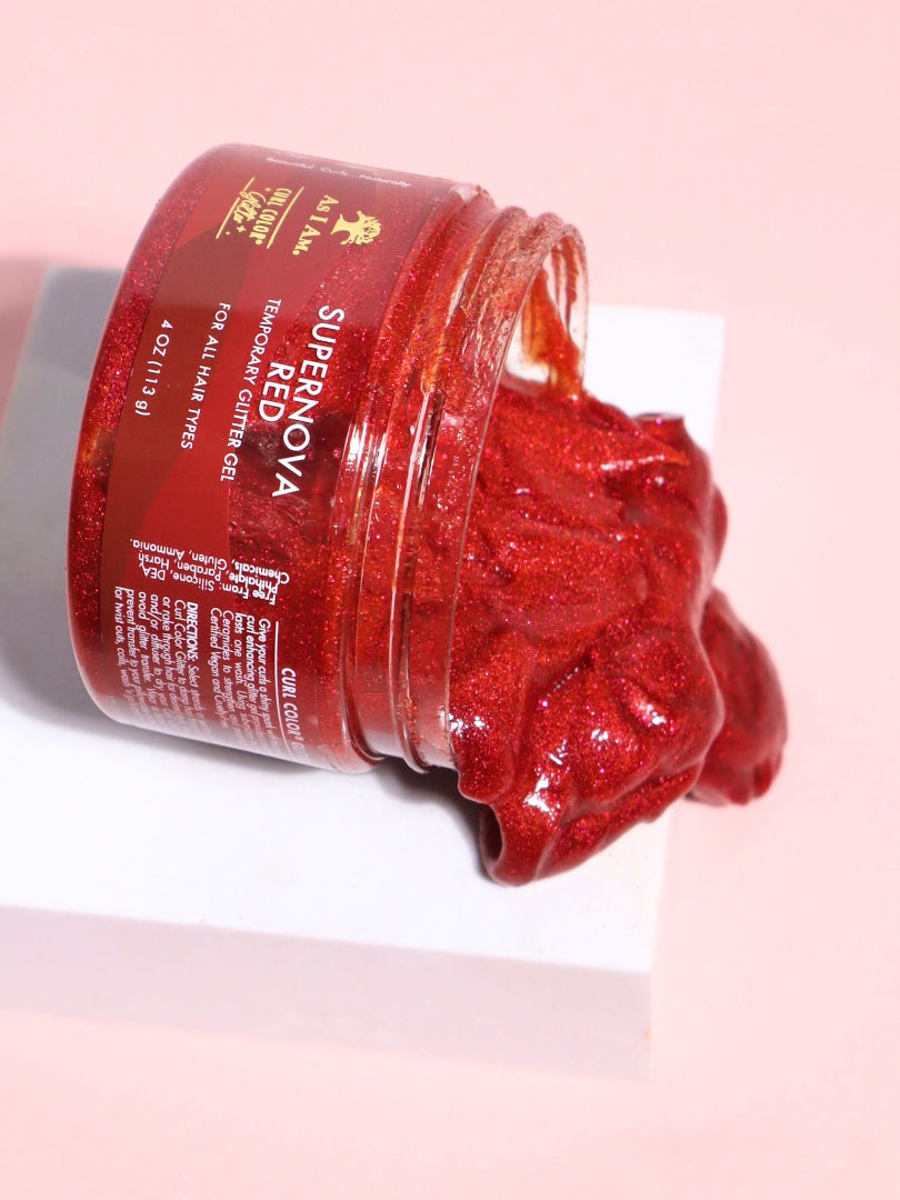 As I Am Curl Color Glitter Collection, featuring vibrant, temporary hair colors with a shimmering finish designed for curls and coils.