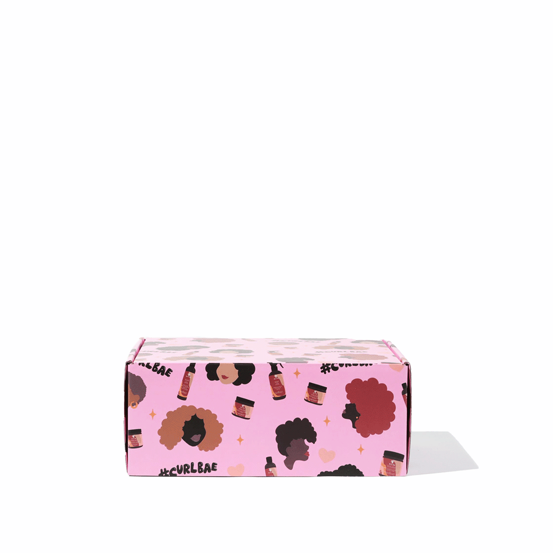 Curlbae Box – A curated haircare gift set featuring nourishing products for curly and textured hair, beautifully packaged in a sleek, branded box.
