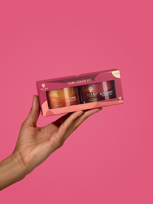 As I Am Curl Color 2-pack kit featuring Copper and Burgundy shades, shown in sleek, vibrant jars designed for temporary color and curl definition without damage.