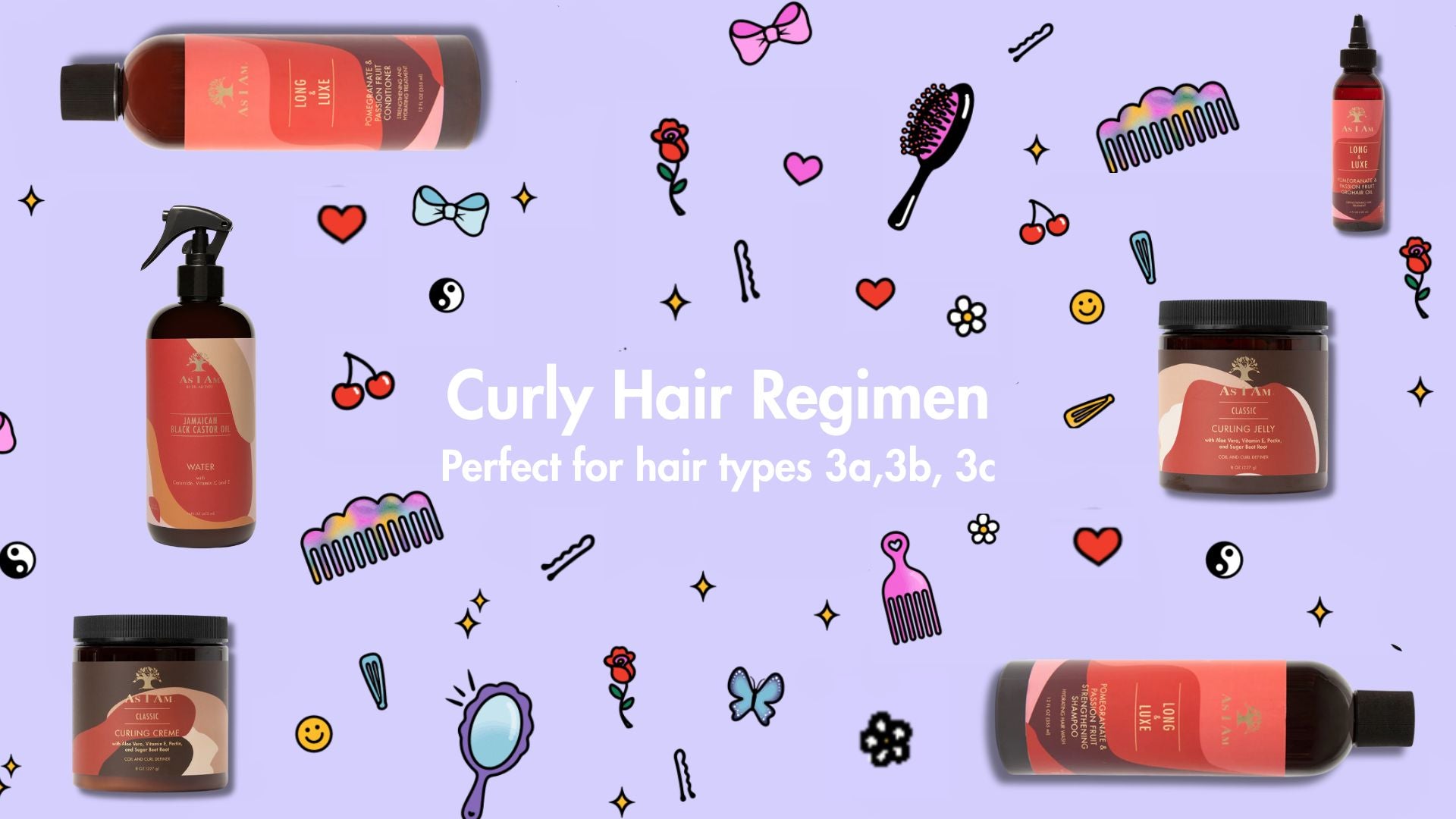 Curly hair regimen products on a purple background with icons.