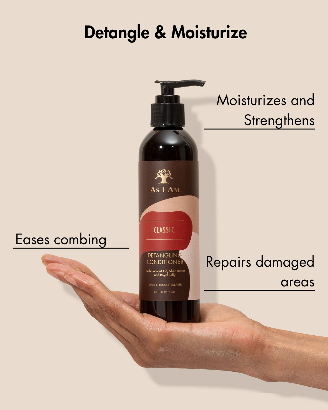Hand holding a bottle of As I Am Classic Detangling Conditioner with text describing its benefits on a beige background.