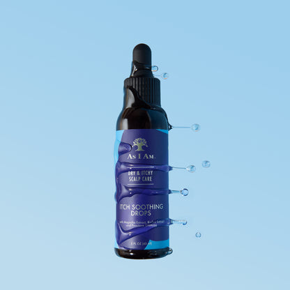 Bottle of 'As I Am' Dry and Itchy itch soothing drops on a blue background