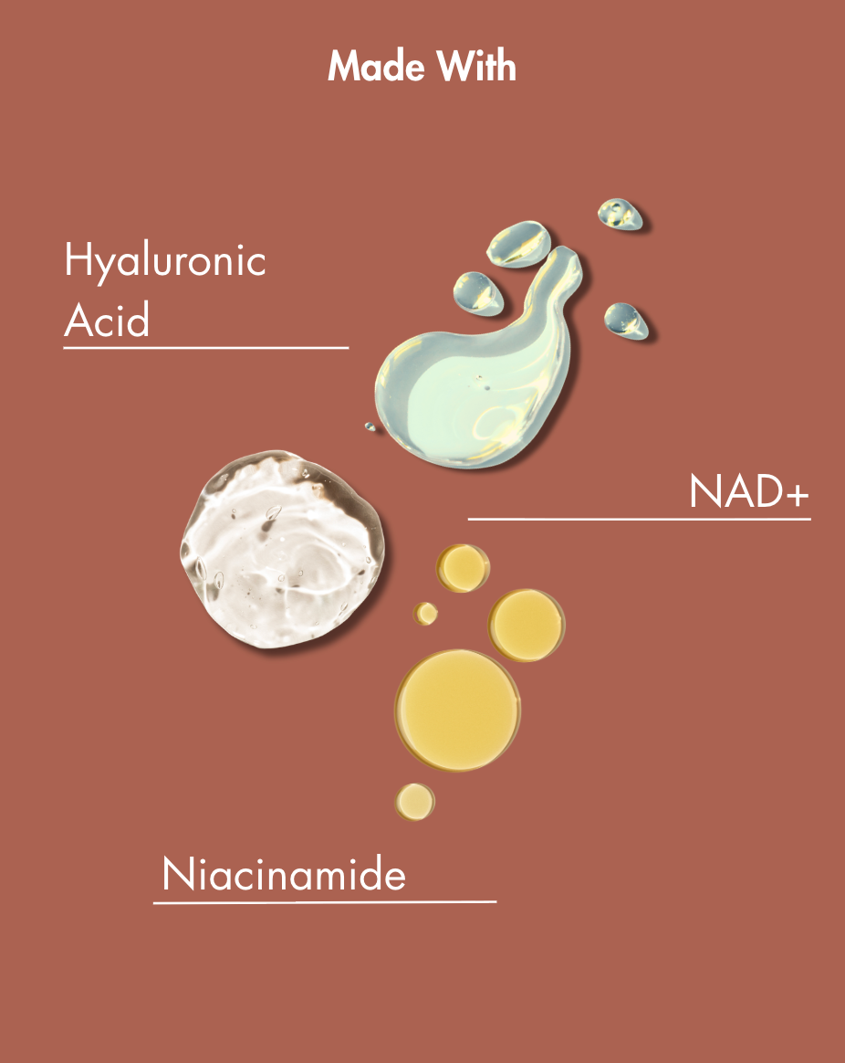 Illustrations of hyaluronic acid, NAD+, and niacinamide on a brown background with 'Made With' text.