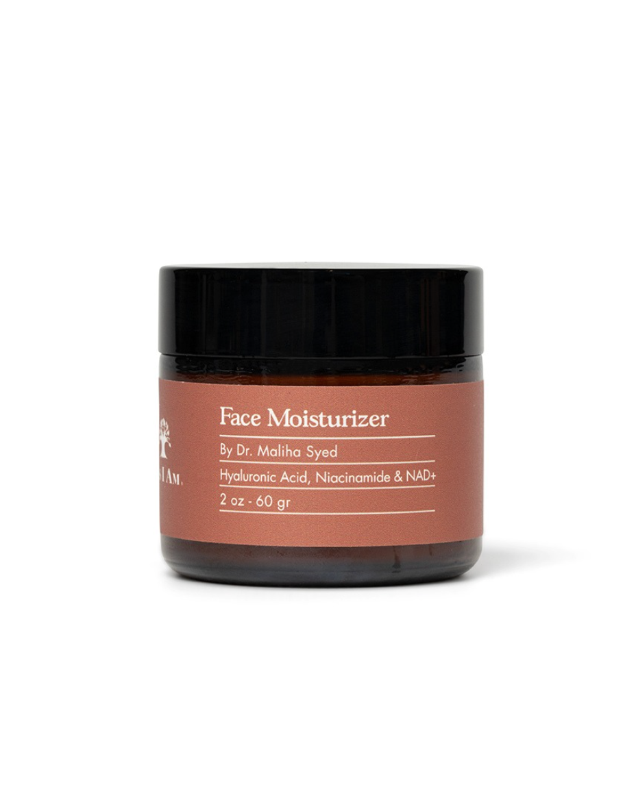 Jar of face moisturizer with a brown label on a white background