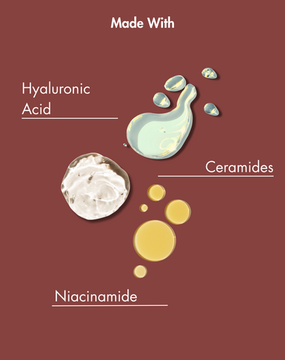 Illustration of skincare ingredients including hyaluronic acid, ceramides, and niacinamide on a brown background.