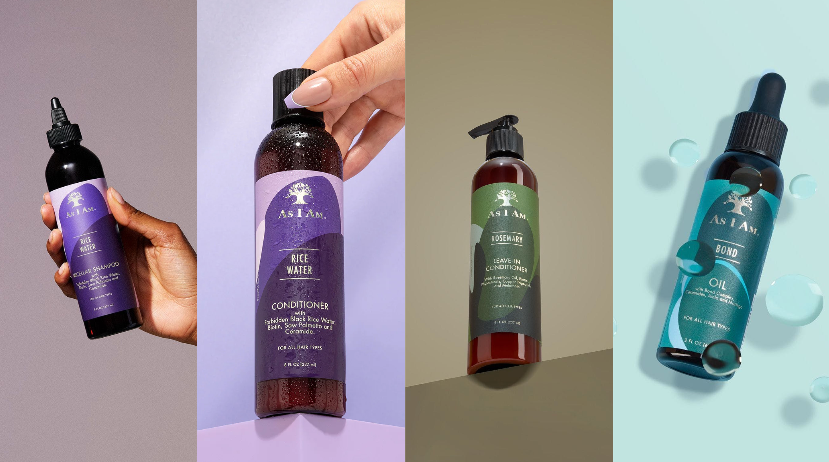 Collection of hair care products including shampoo, conditioner, and oil.