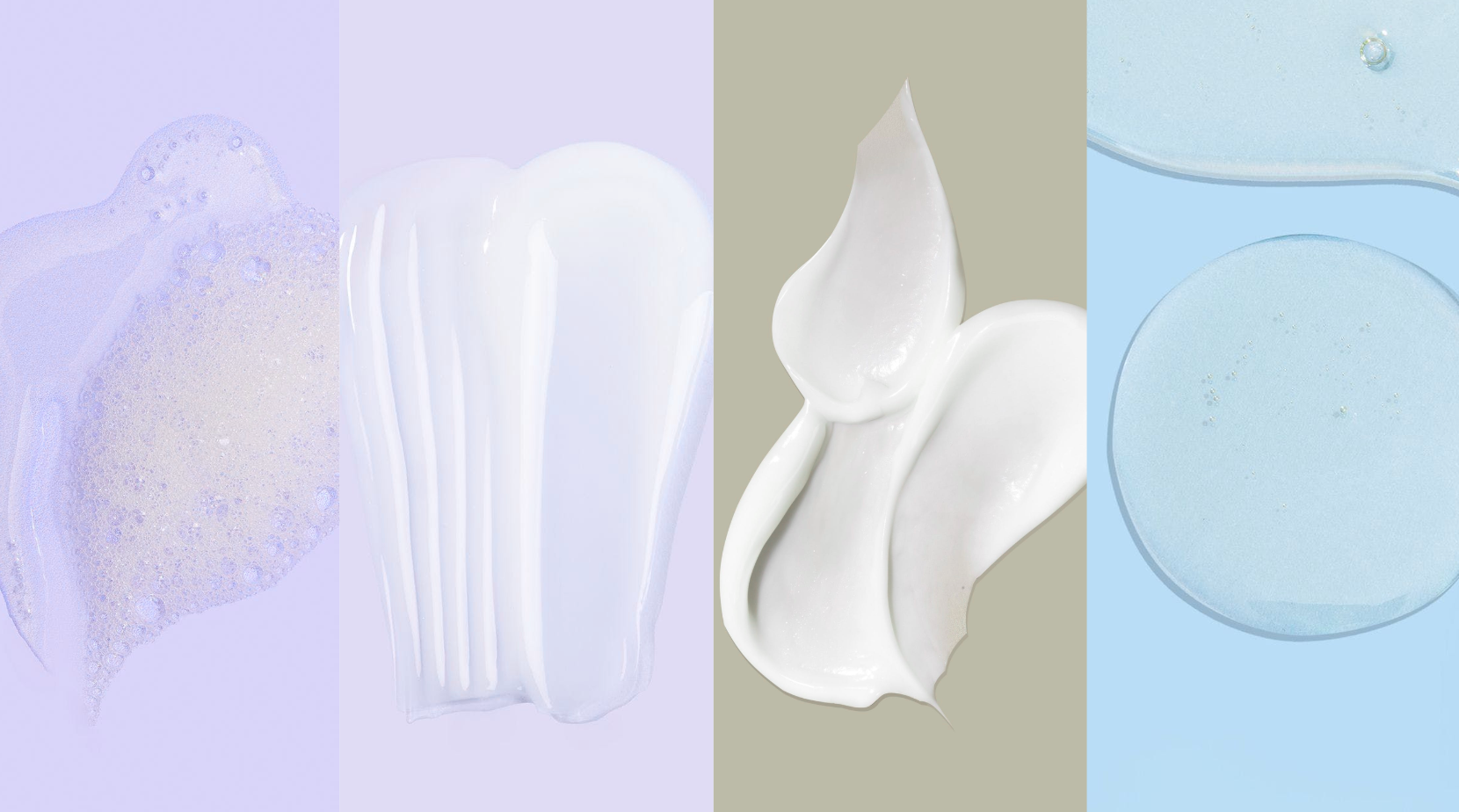 Close-up of white cream or lotion on a textured surface with a light purple background