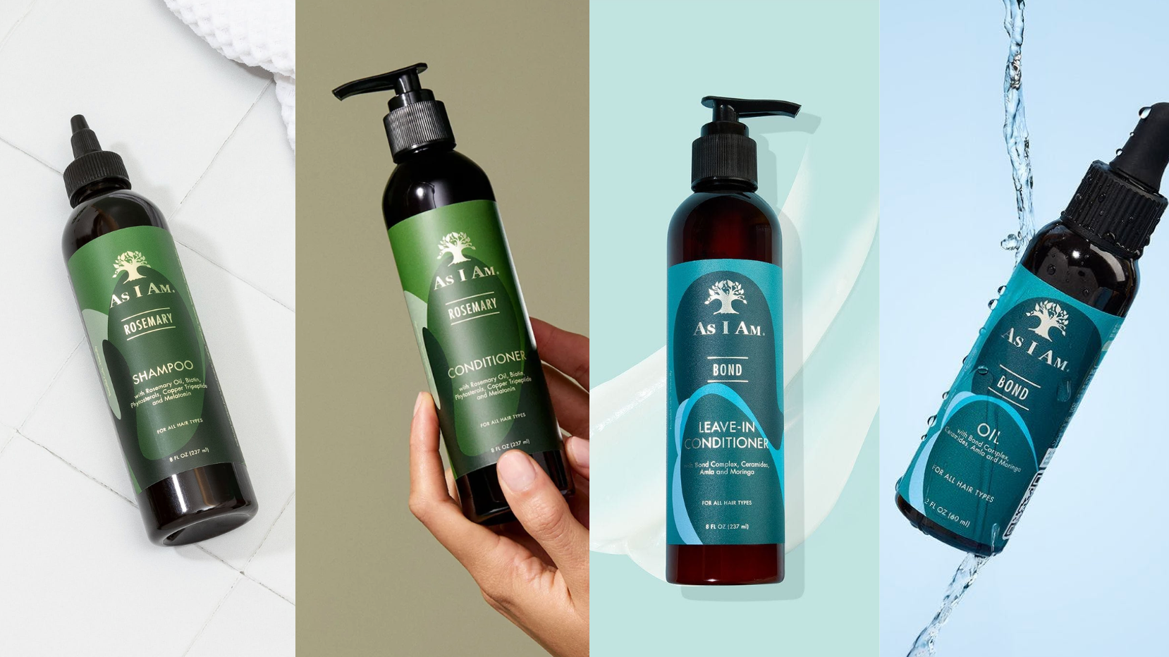 Set of hair care products including shampoo, conditioner, and oil with visible branding on a neutral background.