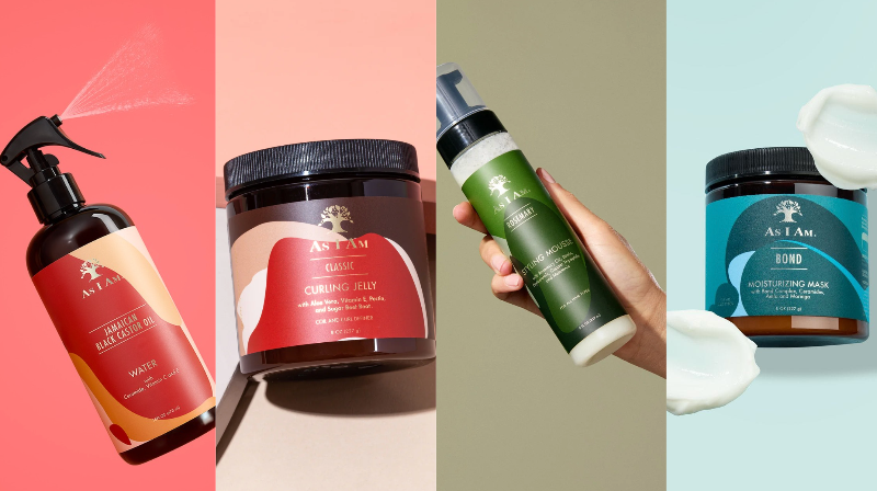 Collection of as i am hair care products on a multicolored background