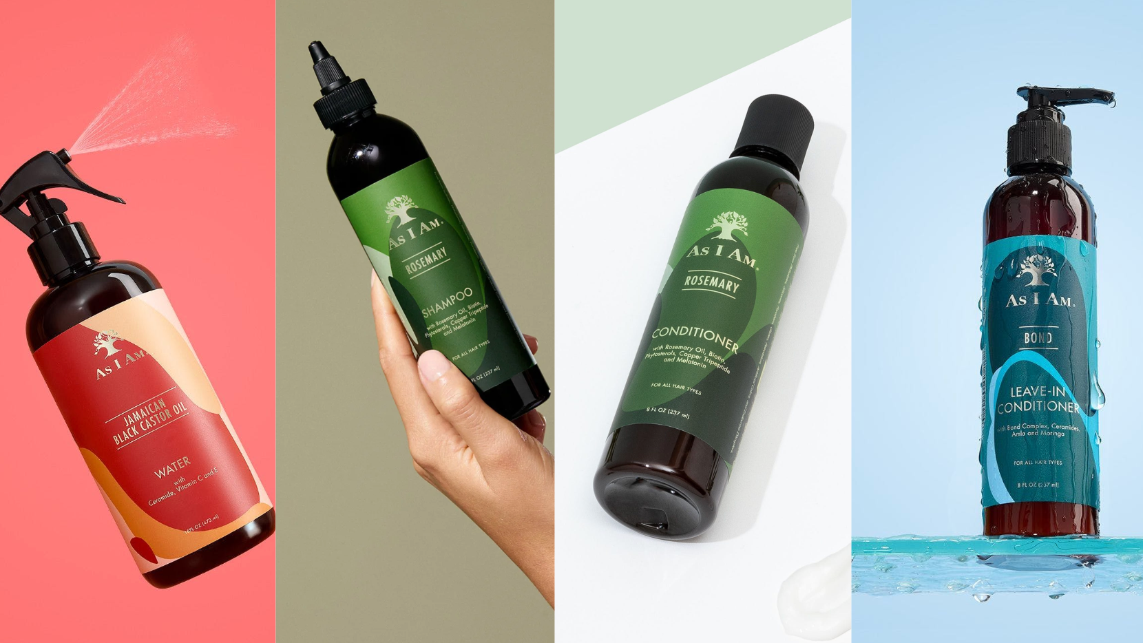 Collection of As I Am hair care products including a spray bottle, shampoo, conditioner, and bottle on a colorful background.