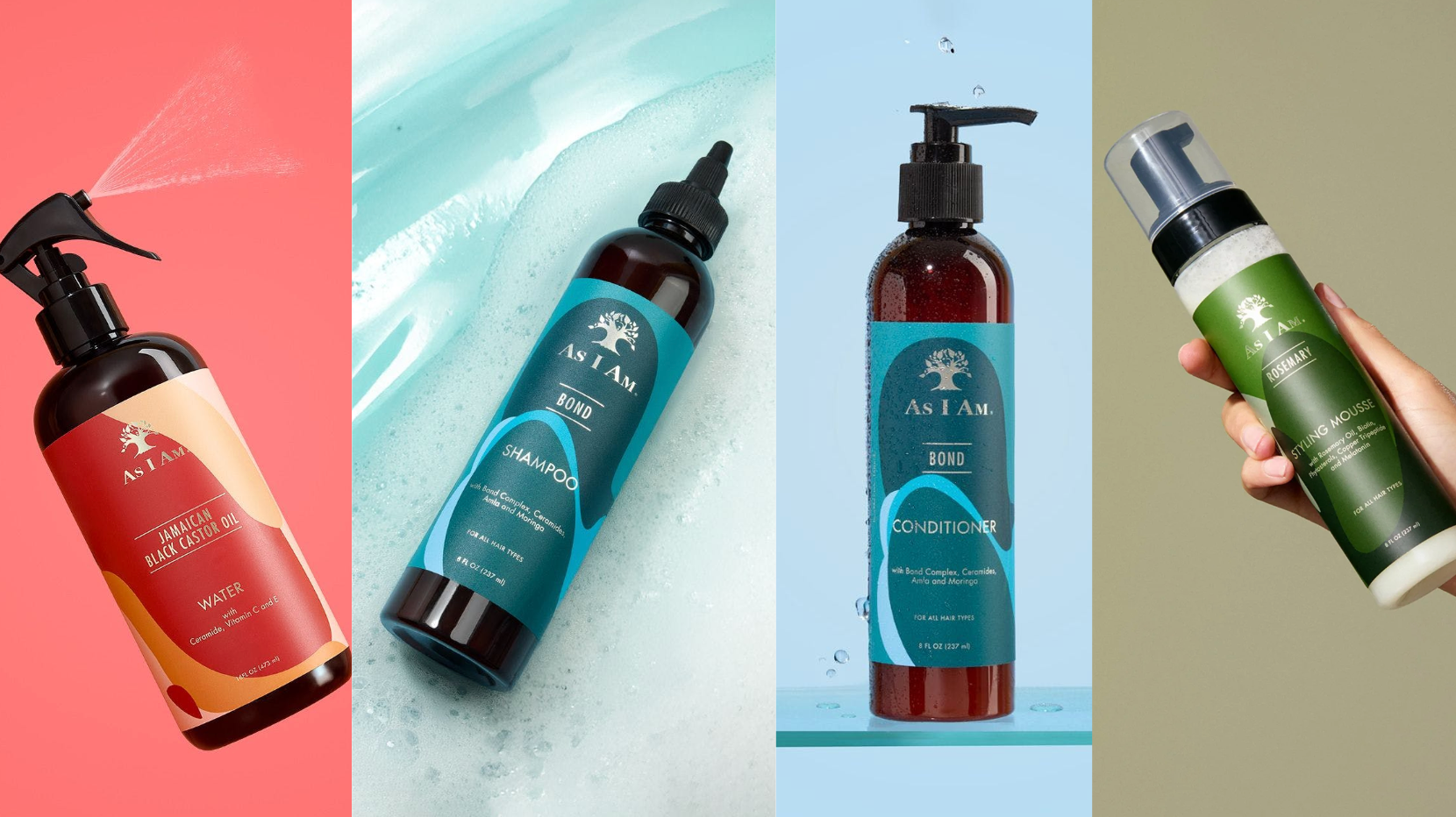 Collection of As I Am hair care products on a colorful background