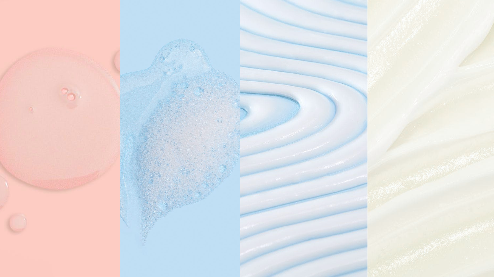 Four different textures of soap suds on a pink, blue, white, and beige background.