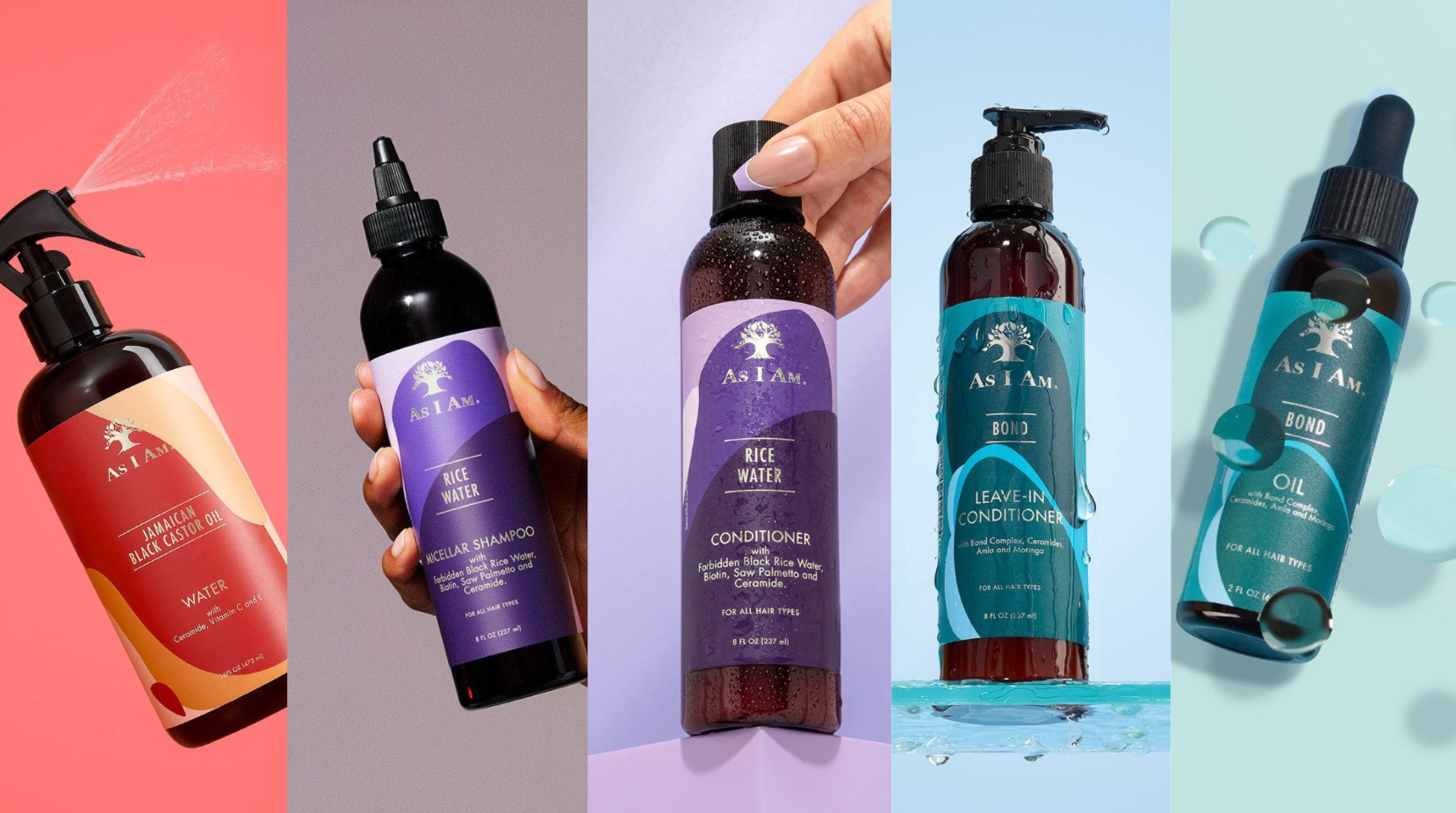 Collection of As I Am hair care products on a colorful background