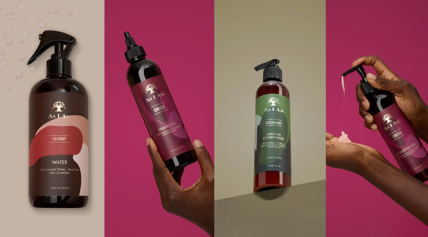 Set of hair care products with bottles and a hand holding one, against various backgrounds.