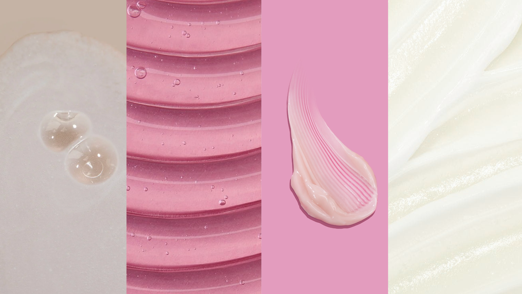 Collage of close-up images of pink and white substances on a pink background