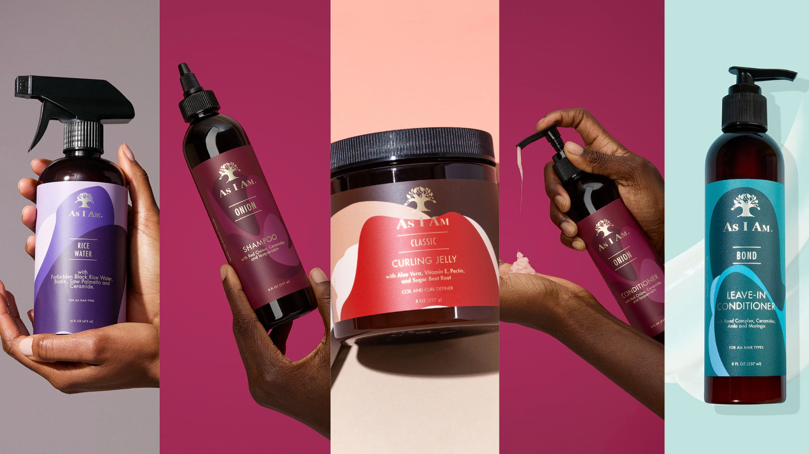 Collection of Hair care products held by hands against various colored backgrounds
