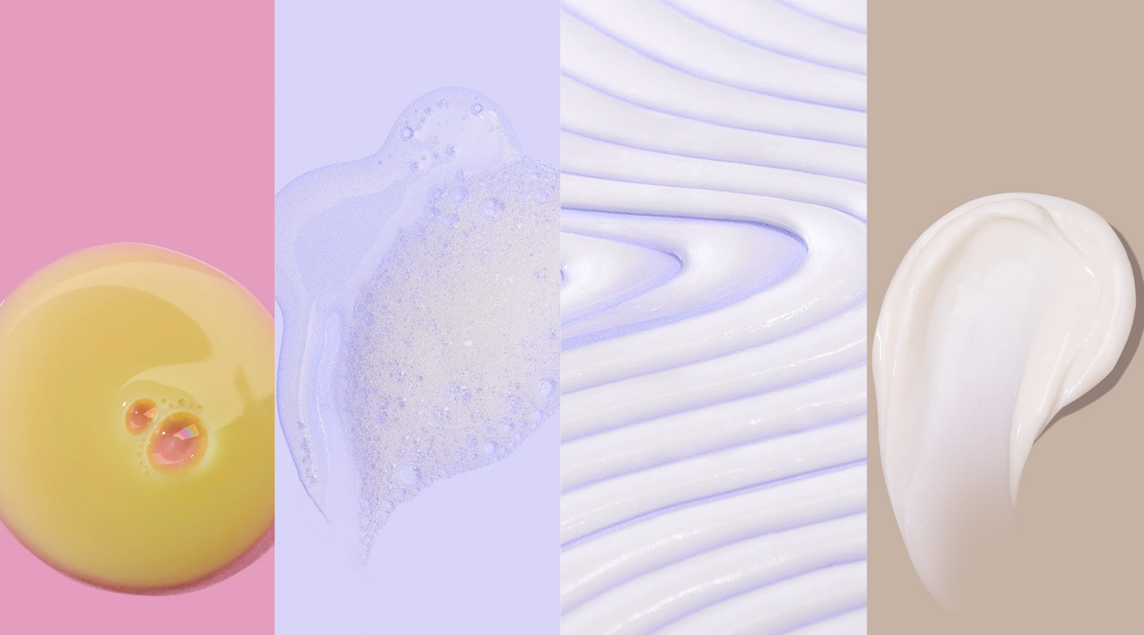 Collection of different textures and colors of cream or soap on a plain background