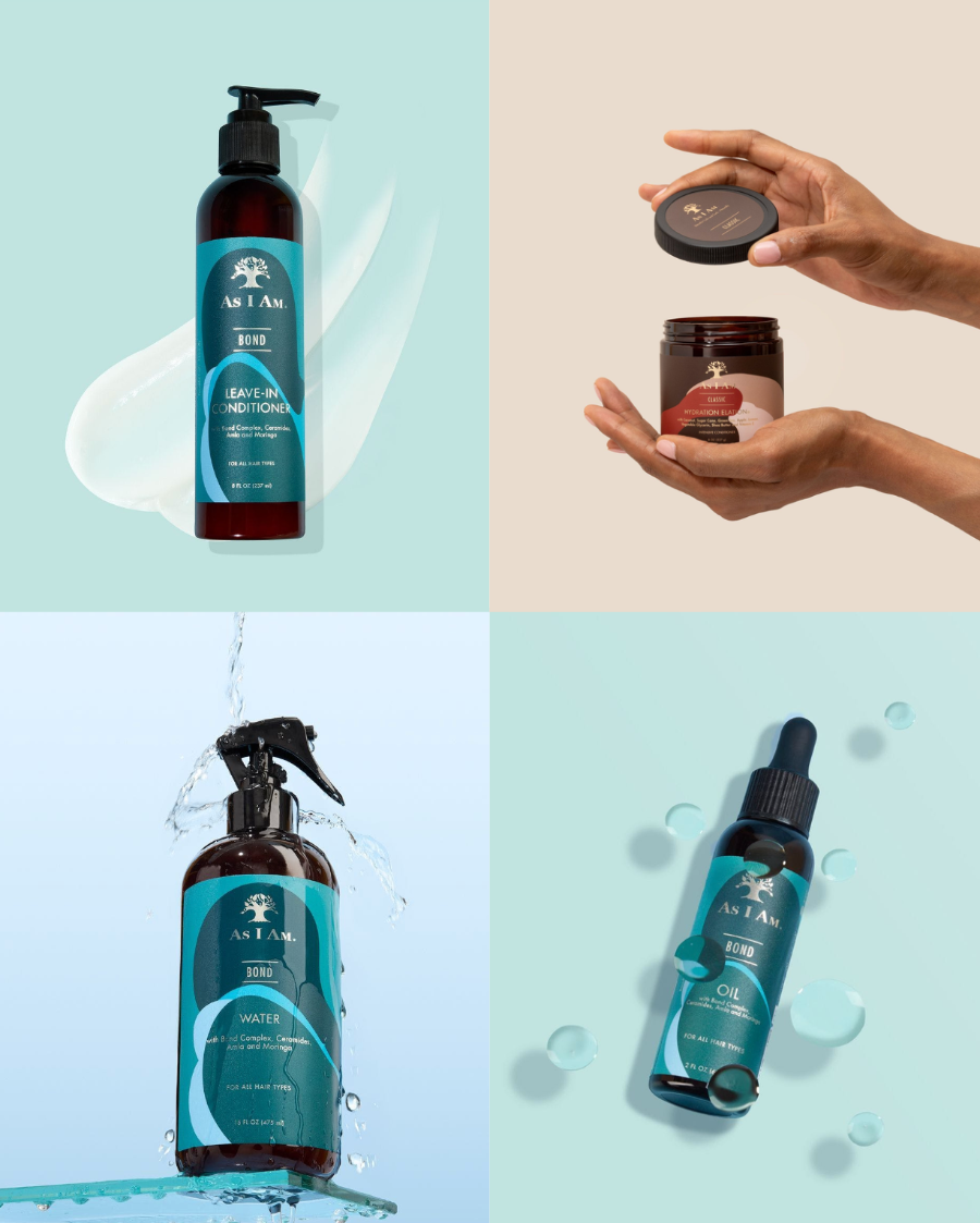 Collection of haircare products with visible branding on a split background