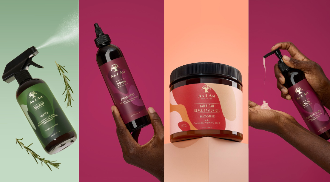 Collection of hair care products including a spray bottle, bottle, jar, and a hand holding a product on a colorful background.