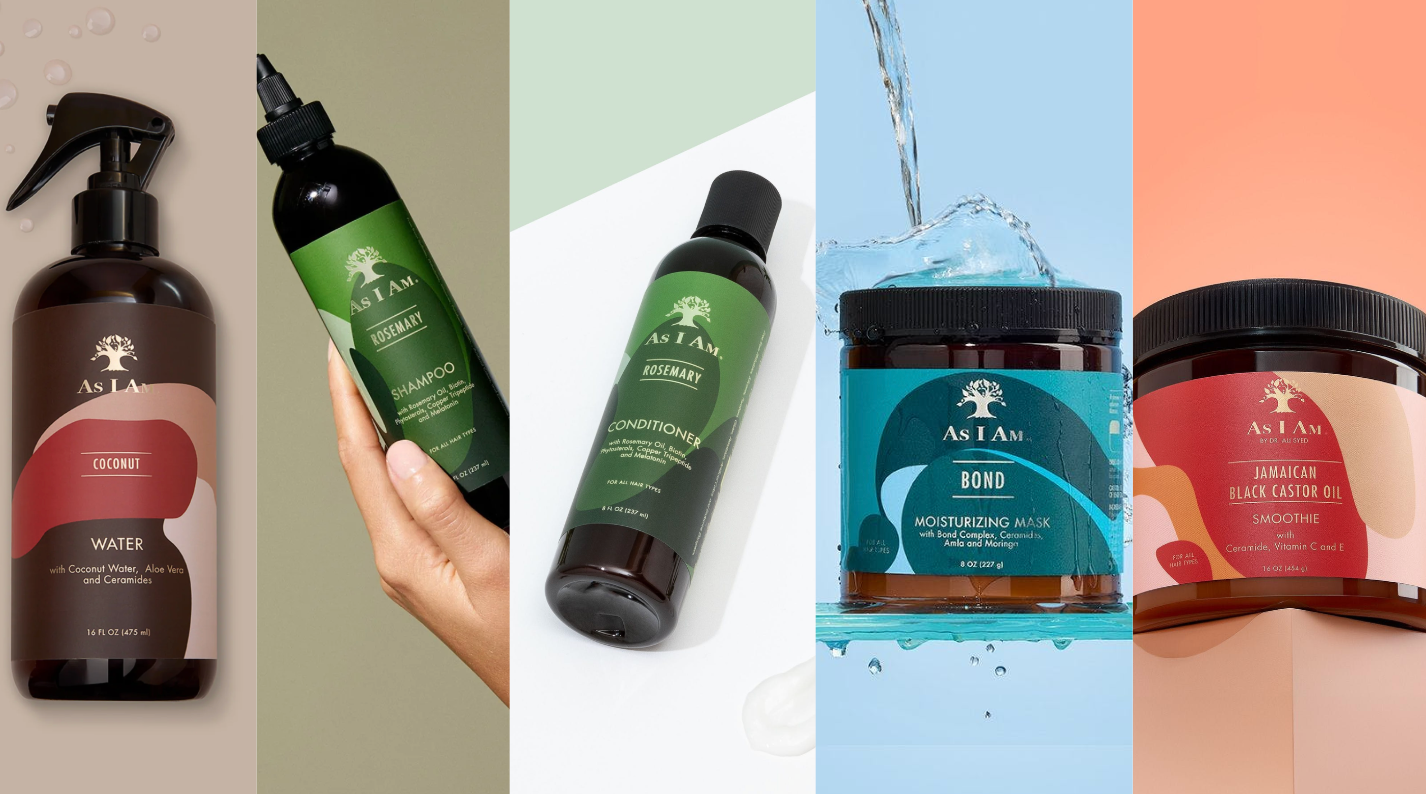 Collection of hair care products including bottles and jars on a collage background.