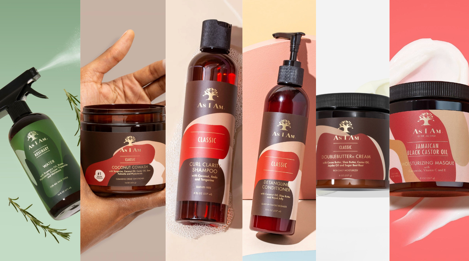 Collection of hair care products with visible brand logo on a colorful background