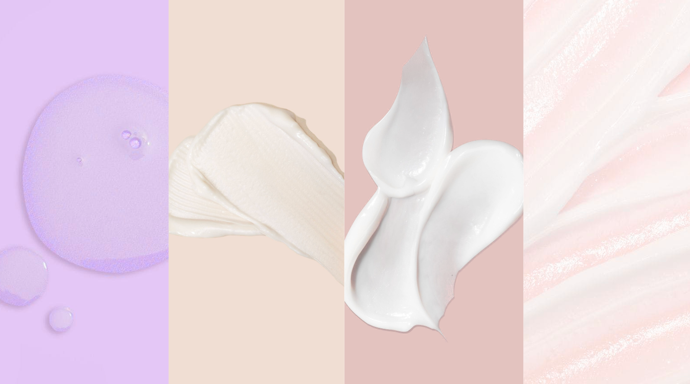 Collage of white cream swatches on a pastel background