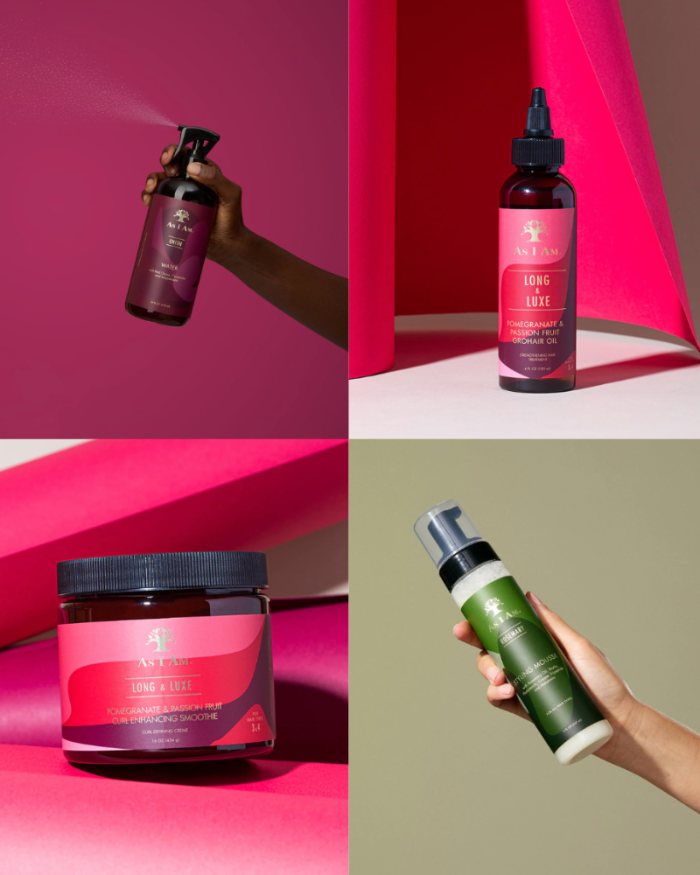 Collage of hair care products including a spray bottle, jar, and bottle with a hand holding one against a pink background.
