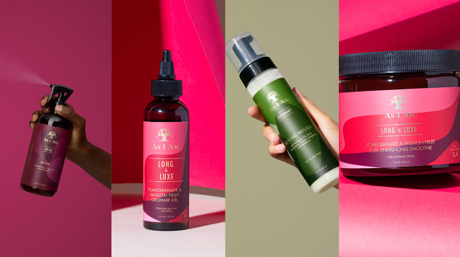 Collection of hair care products with visible branding on a colorful background