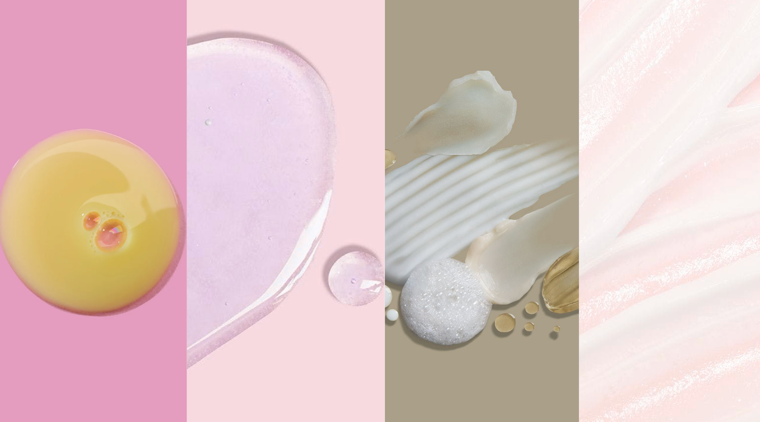 Collage of skincare products and tools on a pink and beige background
