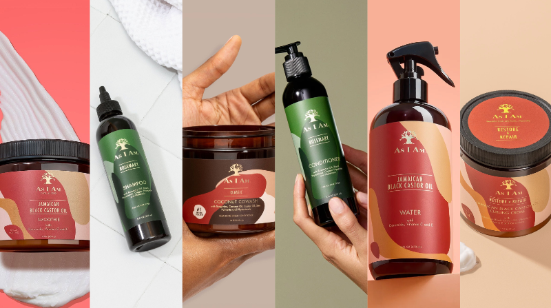 Collage of as i am hair care products including shampoo, conditioner, and hair masks.