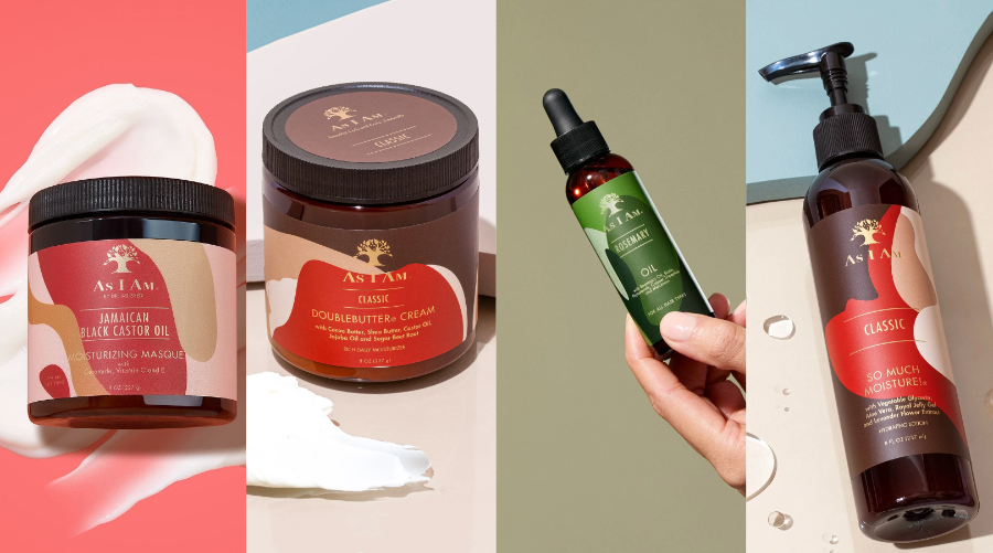 Collection of As I Am hair care products on a colorful background