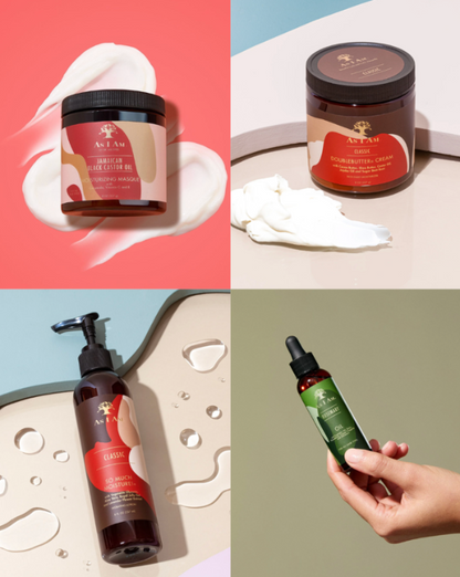 Collection of products including a jar, bottle, and cream on a colorful background.