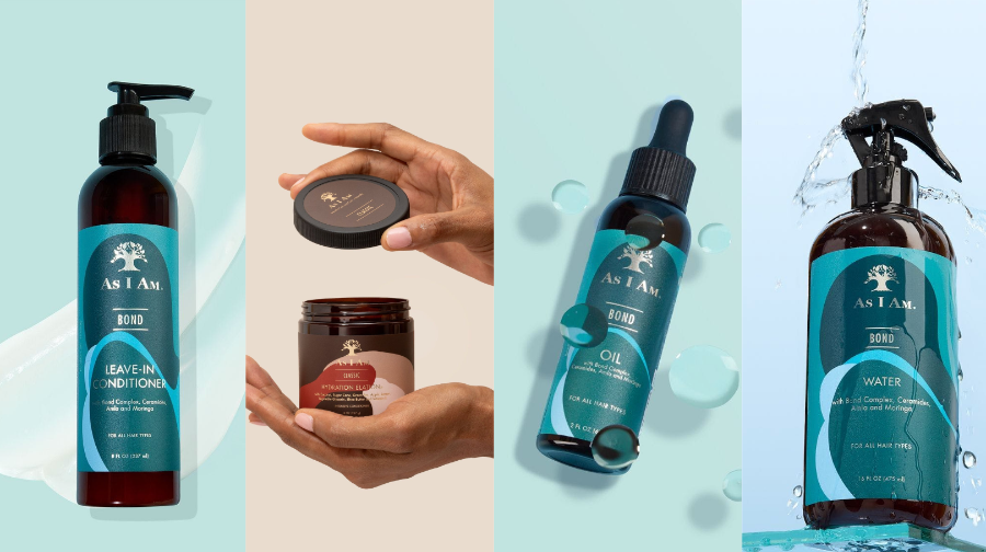 Set of As i am hair care products including a leave-in conditioner, oil, and water spray on a light blue background.