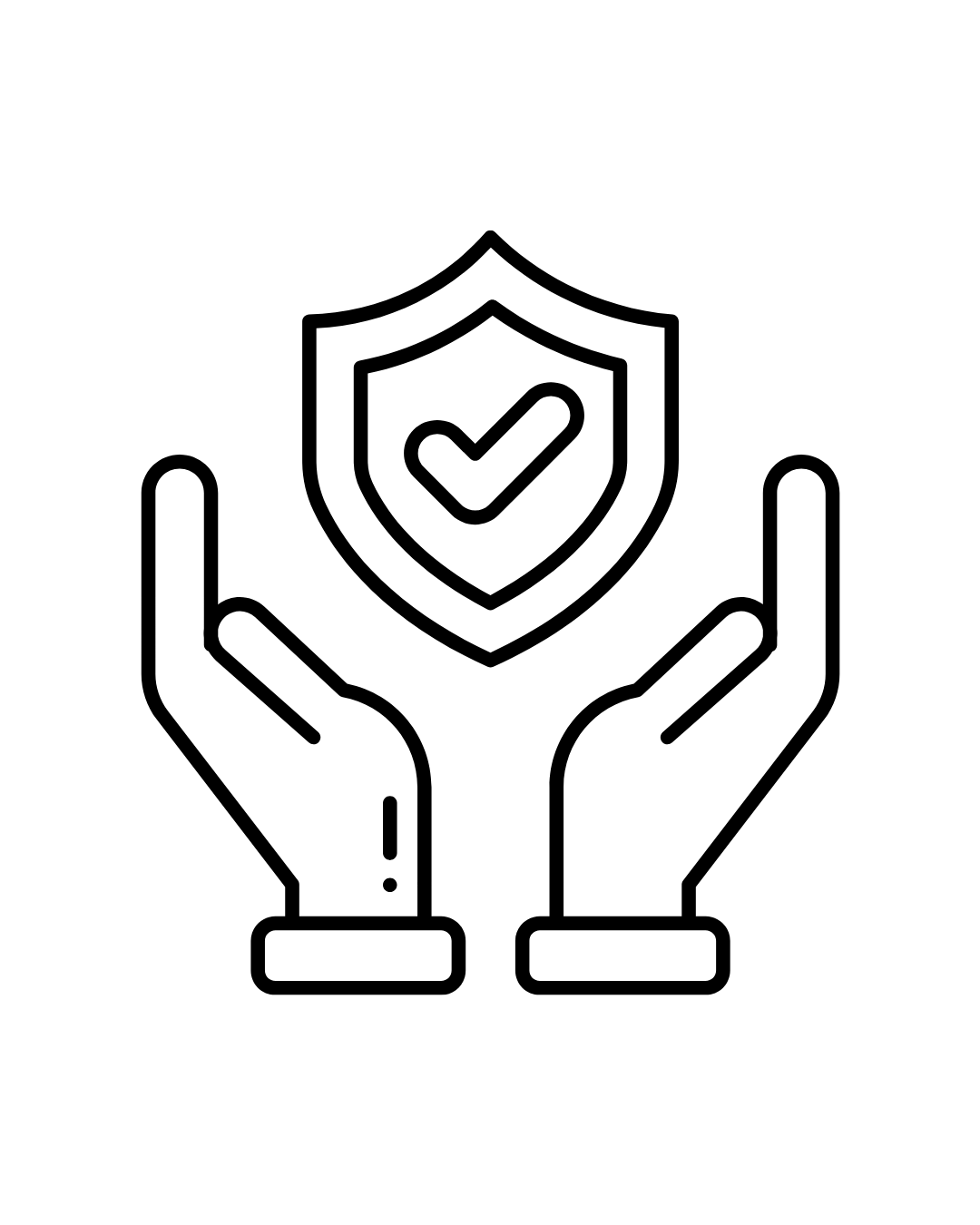 Icono de dos manos que sostienen un escudo con una marca de verificación, que simboliza protección o aprobación.