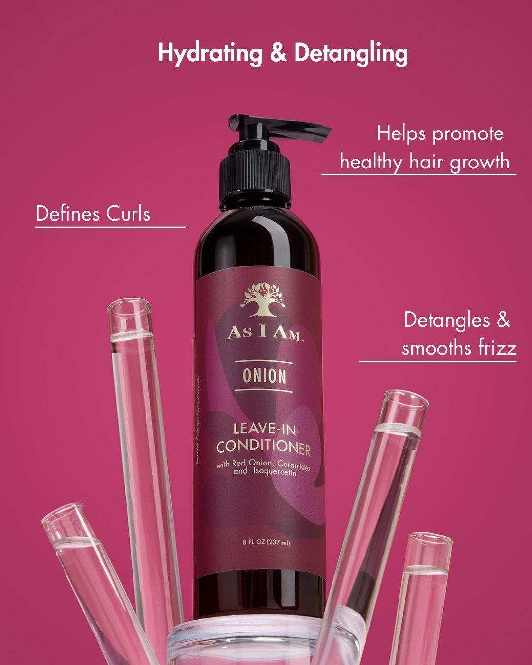 As I Am Onion Leave-In Conditioner bottle with pump on a pink background