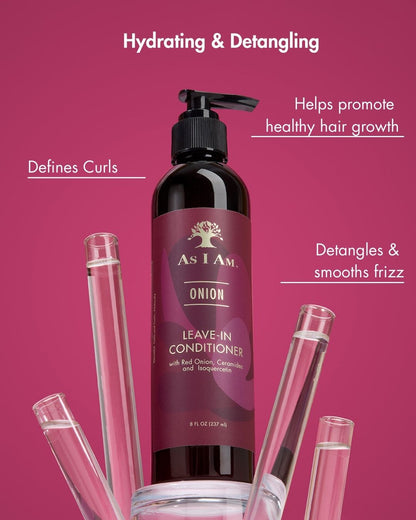As I Am Onion Leave-In Conditioner bottle with pump on a pink background