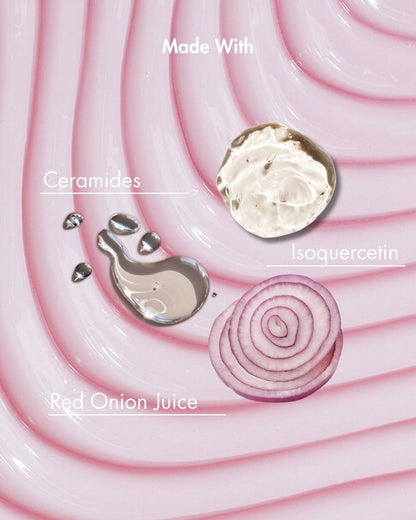 Product ingredients displayed on a pink background with text indicating 'Made With Ceramides, Isoquercetin, Red Onion Juice'.