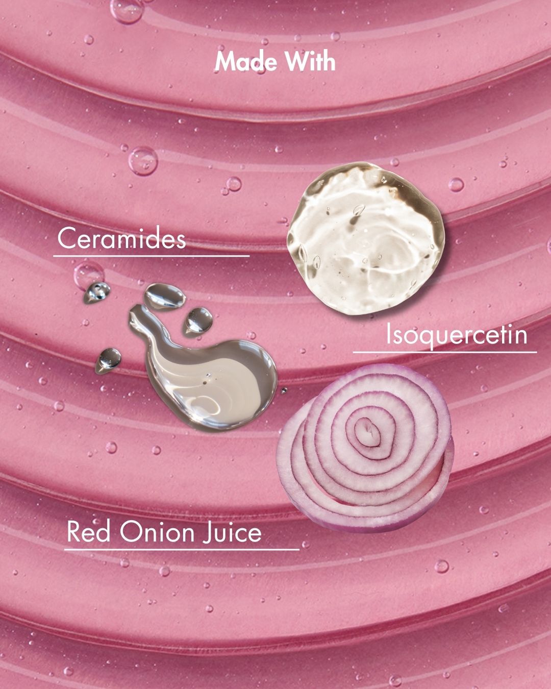 Ingredients of a skincare product on a pink background with 'Made With' text.